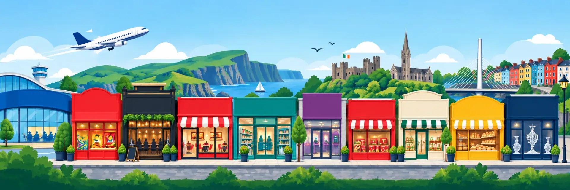 Illustrated Irish high street with familiar shopfronts, Dublin landmarks and the coast behind