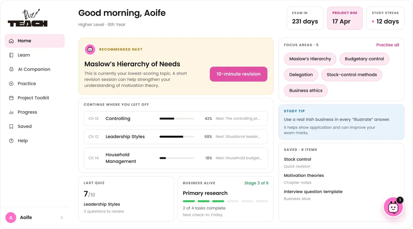 BizTeach student dashboard: a recommended revision topic, chapters in progress, focus areas, the last quiz score and Business Alive project stage